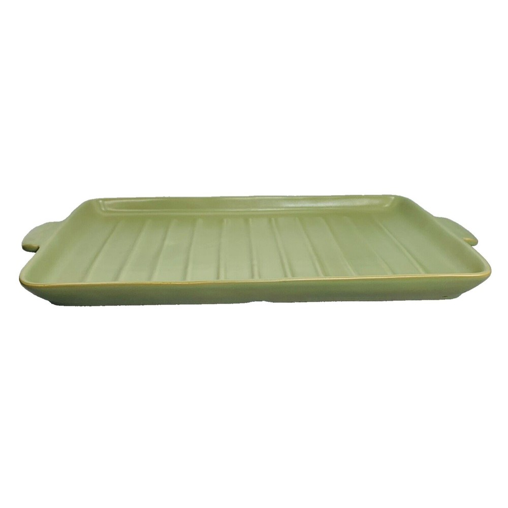 Longaberger Flameware SAGE Grill Pan Pottery Server Cookware 18" x 10" Green - Picture 4 of 14